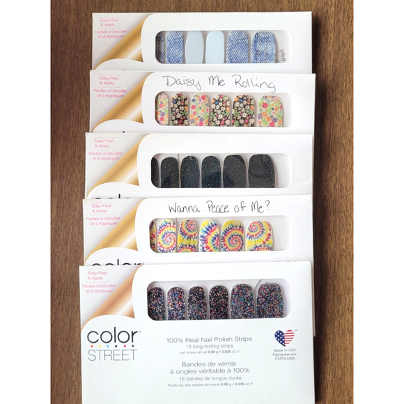 5 Brand New Sealed Color Street Nail Strips Tie Dyed Flowers Denim Glitter - Picture 1 of 4